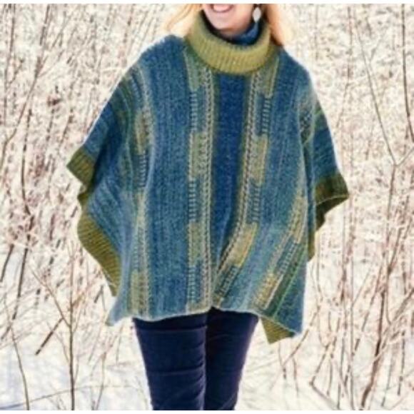J Jill Cotton Wool Fair Isle Nordic Classic Poncho Sweater Blue Green One Size - Picture 4 of 10